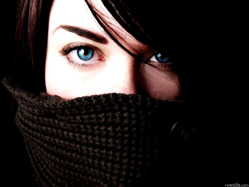 Woman with Blue Eyes — Black, Dramatic, Photograph, Scarf