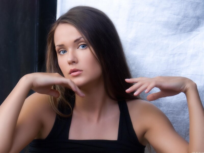 Woman with Blue Eyes — Black, Neutral, Photograph, Black Top, Studio Background