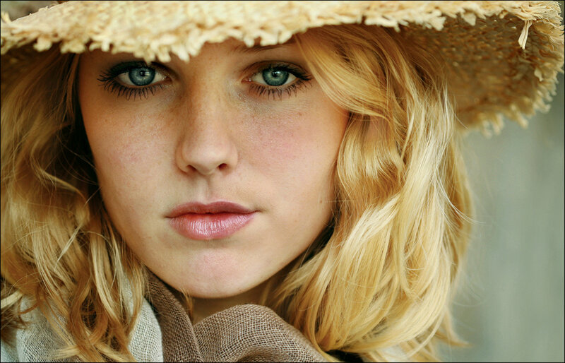Woman with Blue Eyes — Blonde, Calm, Photograph, Straw Hat