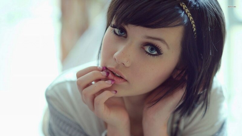 Woman with Blue Eyes — Brown, Contemplative, Photograph, Headband, Nose Ring, Long Eyelashes