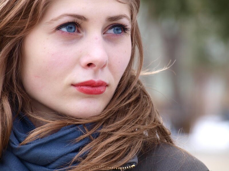 Woman with Blue Eyes — Brown, Contemplative, Photograph, Scarf