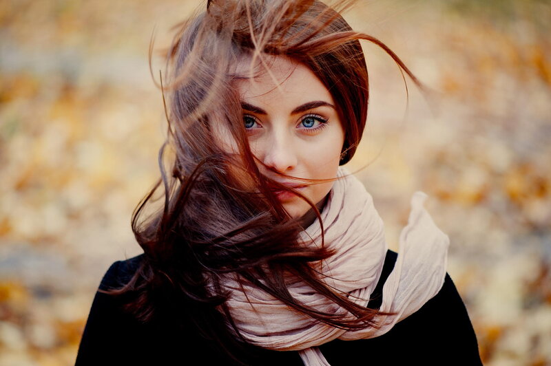 Woman with Blue Eyes — Brown, Dramatic, Autumn, Photograph, Scarf
