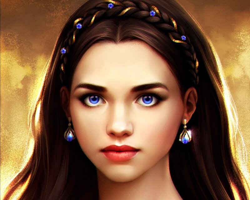 Woman with Blue Eyes — Brown, Dramatic, Digital Art, Braided Hair