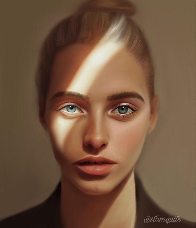 Woman with Blue Eyes — Brown, Dramatic, Digital Art, Hair Bun