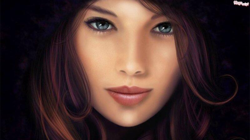 Woman with Blue Eyes — Brown, Dramatic, Digital Art, Hair, Face