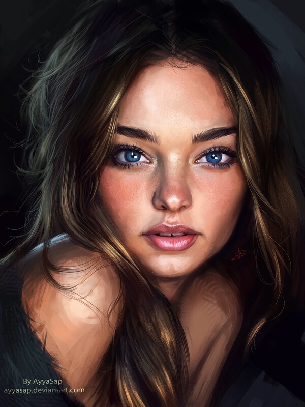 Woman with Blue Eyes — Brown, Dramatic, Digital Art, Long Hair
