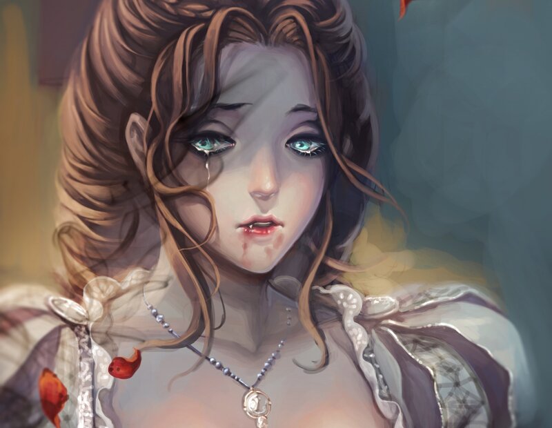 Woman with Blue Eyes — Brown, Dramatic, Digital Art, Tears, Blood