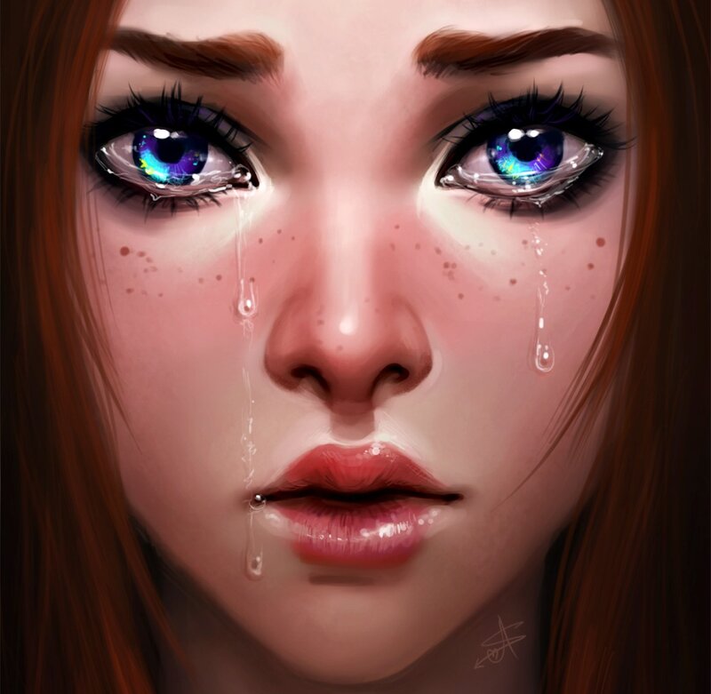 Woman with Blue Eyes — Brown, Dramatic, Digital Art, Tears