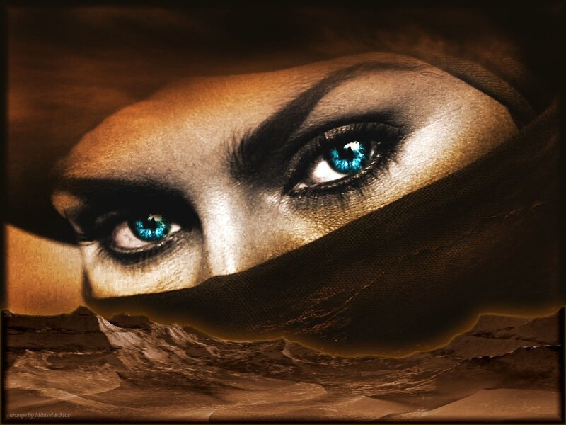 Woman with Blue Eyes — Brown, Dramatic, Digital Art, Veil