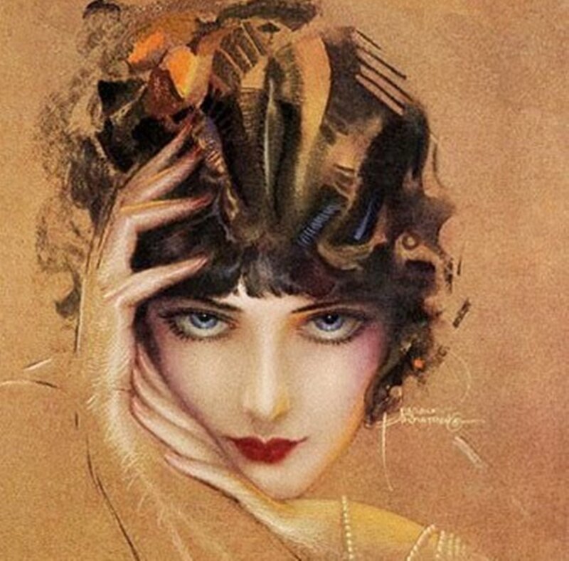 Woman with Blue Eyes — Brown, Dramatic, Illustration