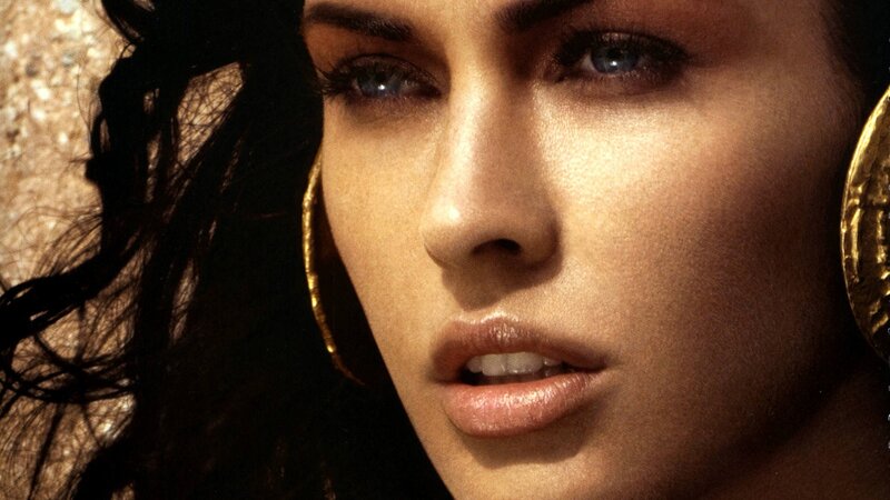 Woman with Blue Eyes — Brown, Dramatic, Photograph, Gold Earrings