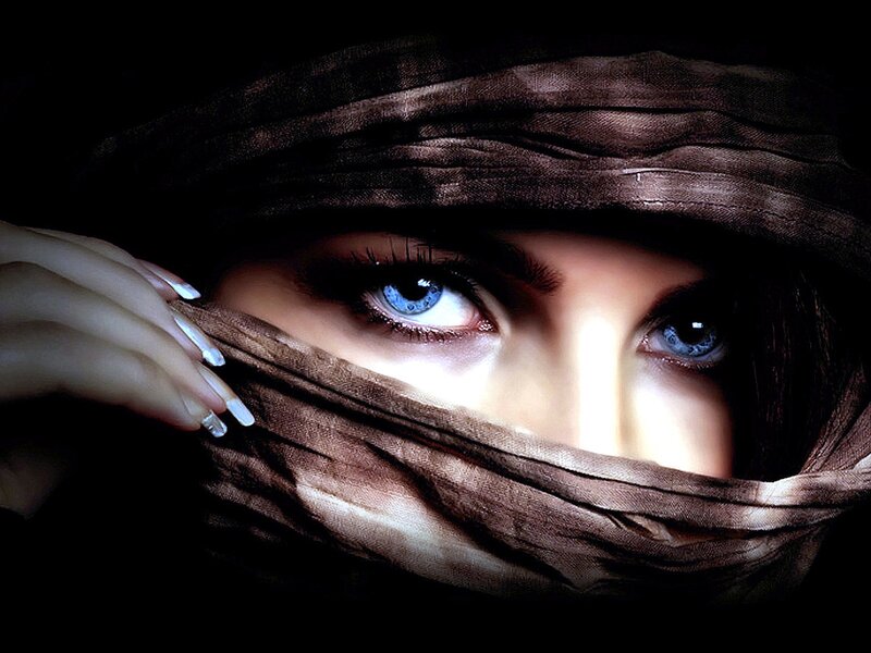 Woman with Blue Eyes — Brown, Dramatic, Photograph, Hand, Scarf
