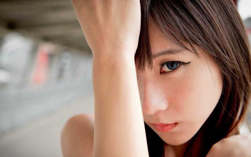 Woman with Blue Eyes — Brown, Intense, Photograph, Arm