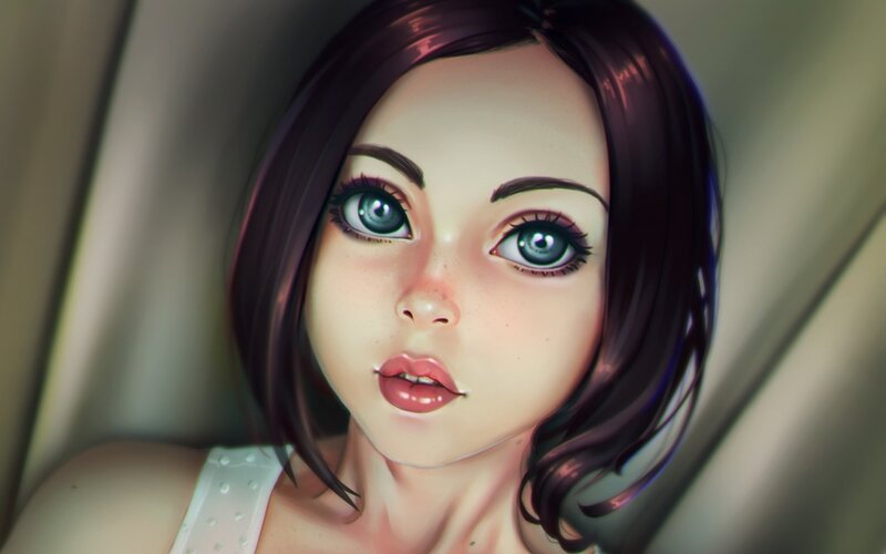 Woman with Blue Eyes — Brown, Neutral, Digital Art, Short Hair