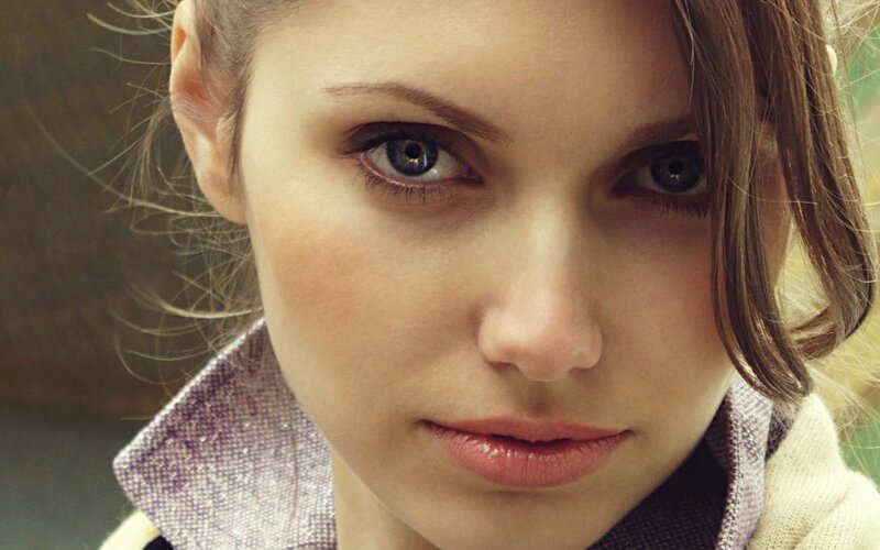 Woman with Blue Eyes — Brown, Neutral, Photograph, Coat