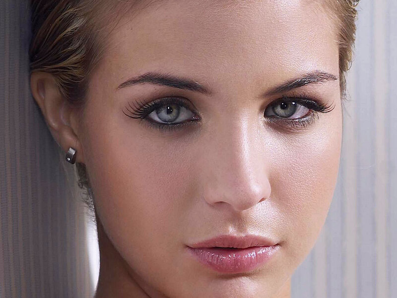 Woman with Blue Eyes — Brown, Neutral, Photograph, Earring, Eyelashes