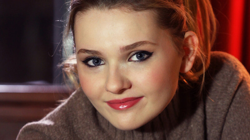 Woman with Blue Eyes — Brown, Neutral, Photograph, Red Lipstick