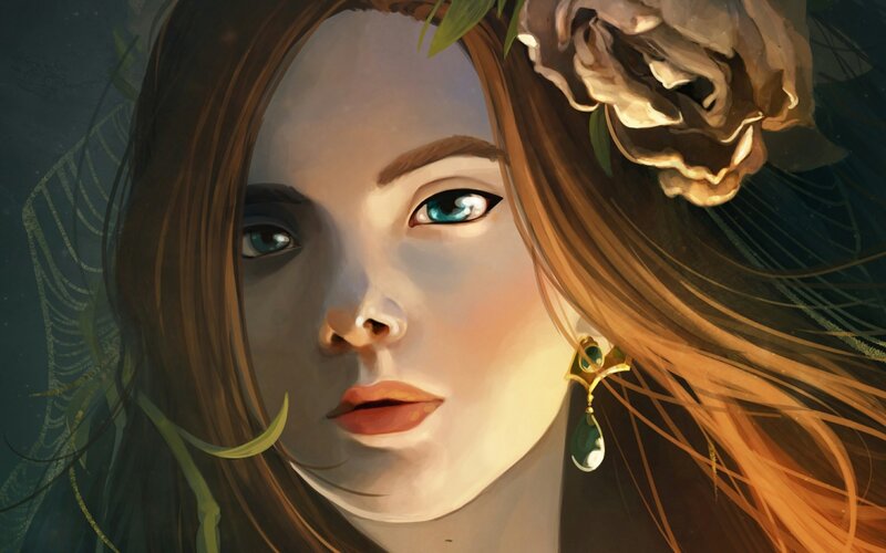Woman with Blue Eyes — Brown, Serene, Digital Art, Flower