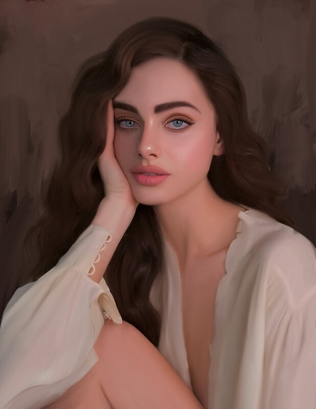 Woman with Blue Eyes — Brown, Serene, Digital Art, Long Hair