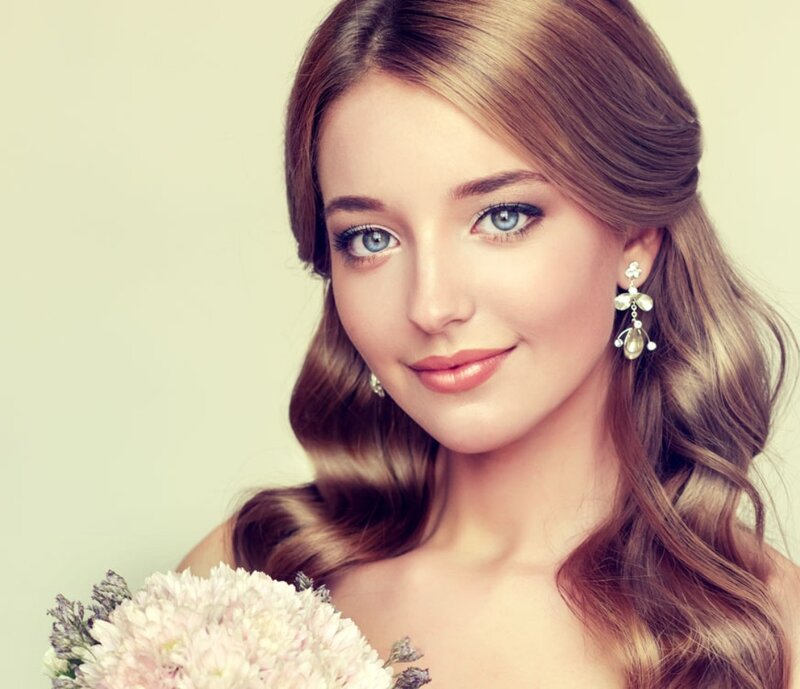 Woman with Blue Eyes — Brown, Serene, Photograph, Flowers