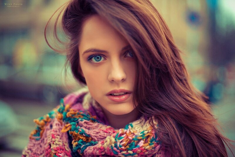 Woman with Blue Eyes — Brown, Serious, Photograph, Scarf