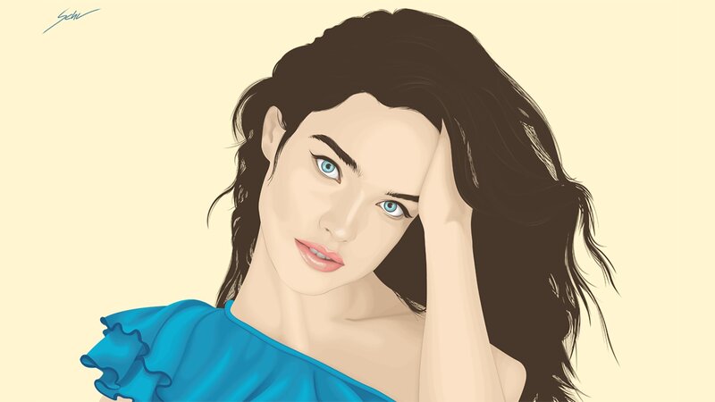 Woman with Blue Eyes — Calm, Digital Art, Blue Dress