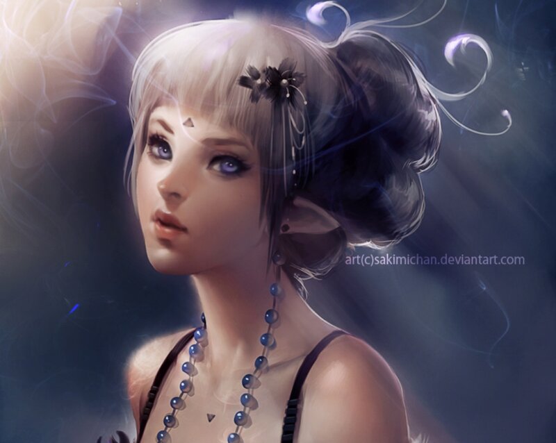 Woman with Blue Eyes — Dramatic, Digital Art, Beads