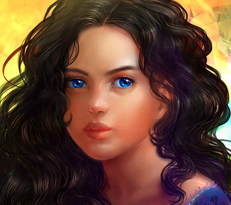 Woman with Blue Eyes — Dramatic, Digital Art, Curly Hair