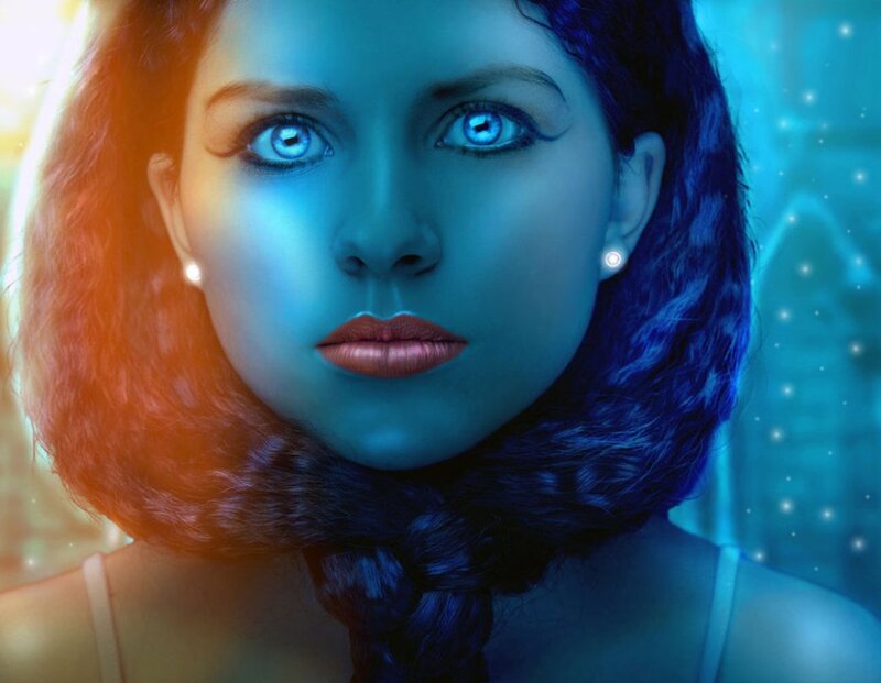 Woman with Blue Eyes — Dramatic, Digital Art, Earrings
