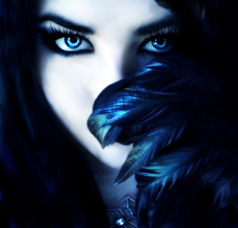 Woman with Blue Eyes — Dramatic, Digital Art, Feathers, Face