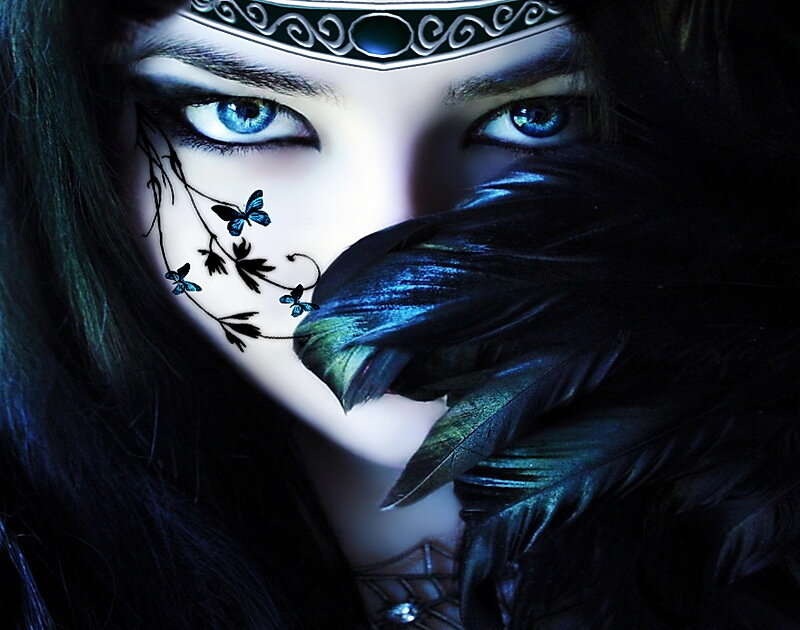 Woman with Blue Eyes — Dramatic, Digital Art, Feathers