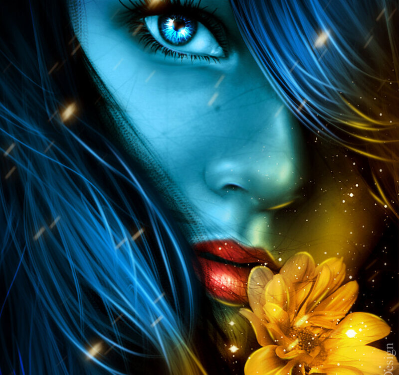 Woman with Blue Eyes — Dramatic, Digital Art, Flower
