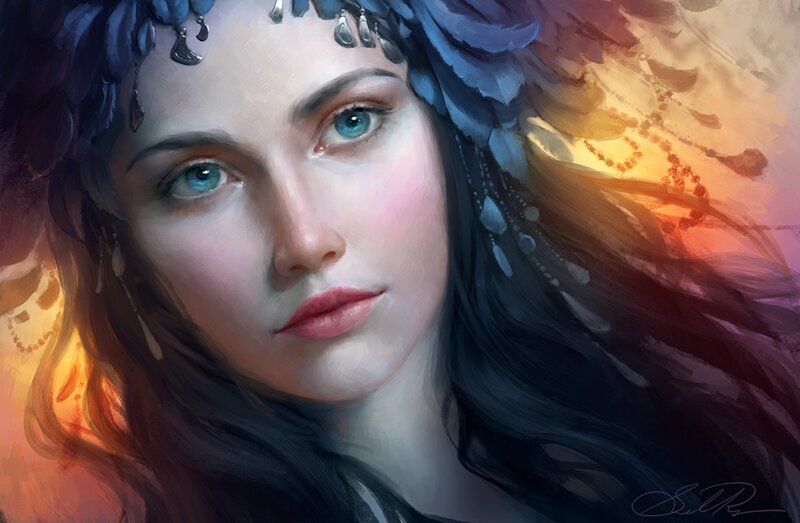 Woman with Blue Eyes — Dramatic, Digital Art, Headpiece