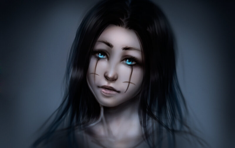 Woman with Blue Eyes — Dramatic, Digital Art, Long Hair, Tears
