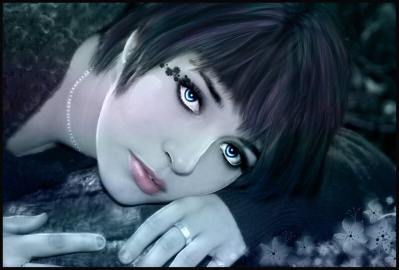 Woman with Blue Eyes — Dramatic, Digital Art, Necklace, Ring
