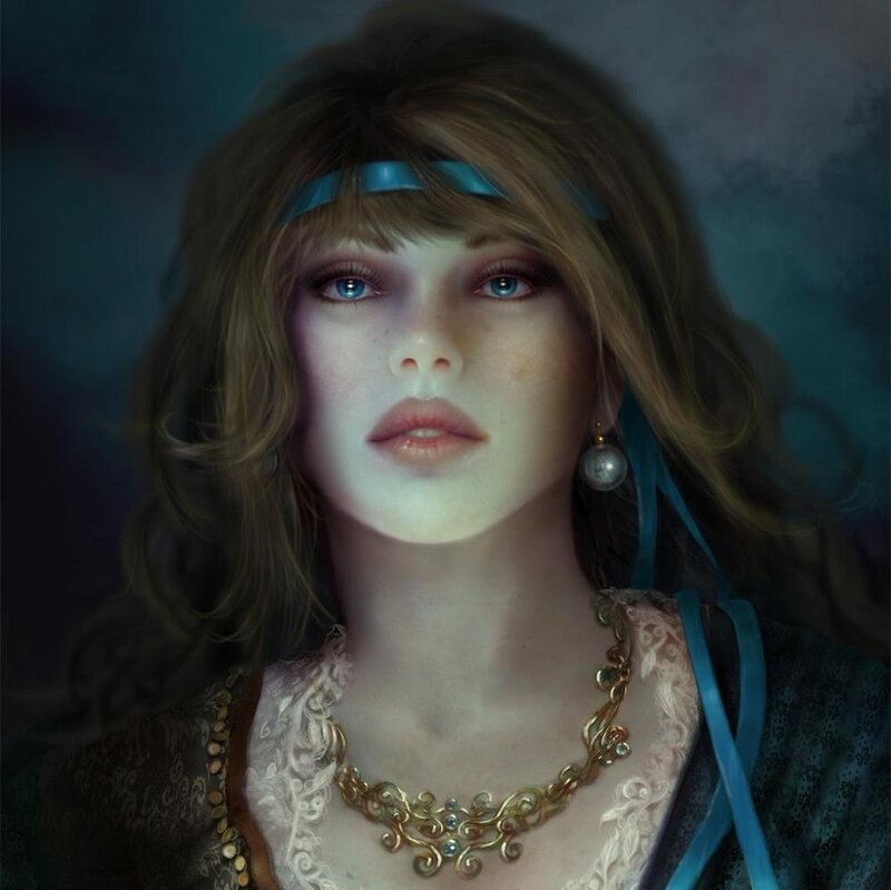 Woman with Blue Eyes — Dramatic, Digital Art, Necklace