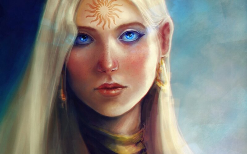Woman with Blue Eyes — Dramatic, Digital Art, Sun Symbol
