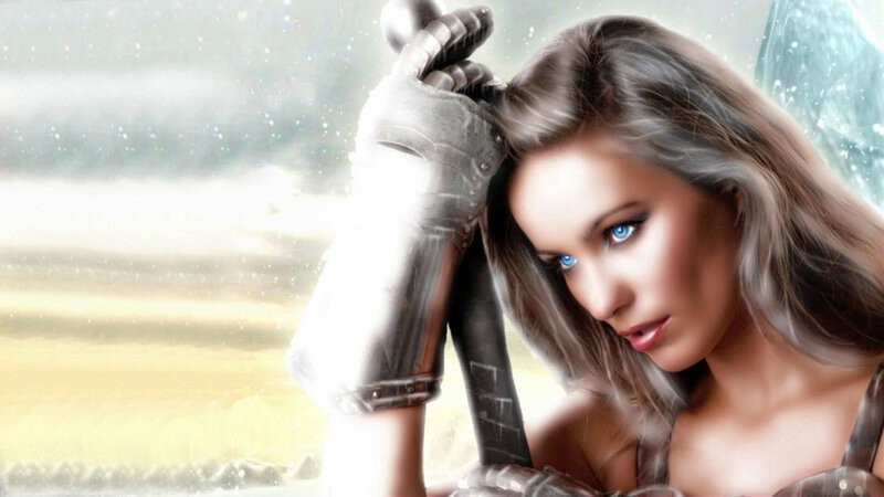 Woman with Blue Eyes — Dramatic, Digital Art, Sword