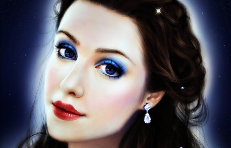 Woman with Blue Eyes — Dramatic, Night, Digital Art, Earring, Makeup