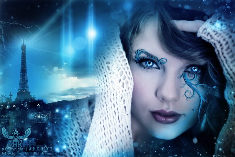Woman with Blue Eyes — Dramatic, Night, Digital Art, Eiffel Tower