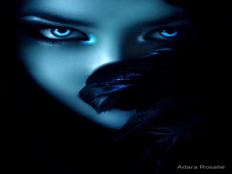 Woman with Blue Eyes — Dramatic, Night, Digital Art, Feather