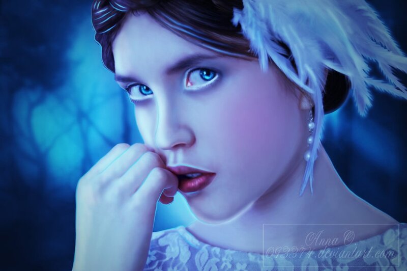 Woman with Blue Eyes — Dramatic, Night, Digital Art, Feathers