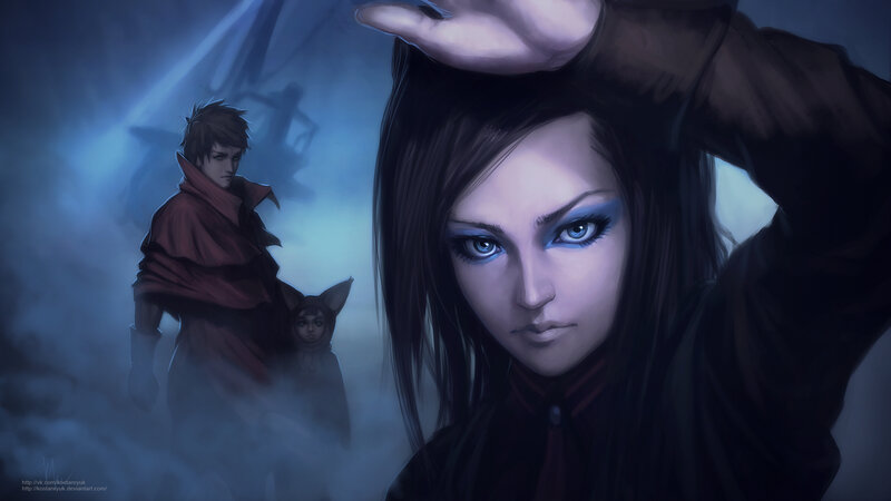 Woman with Blue Eyes — Dramatic, Night, Digital Art, Man in Red Cloak