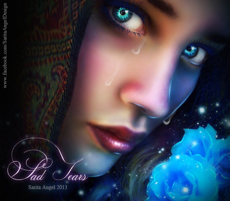 Woman with Blue Eyes — Dramatic, Night, Digital Art, Tear