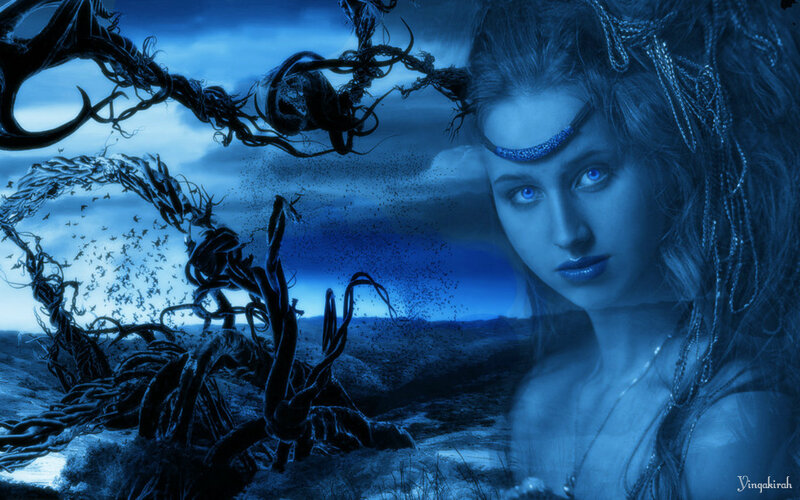 Woman with Blue Eyes — Dramatic, Night, Digital Art, Twisted Branches
