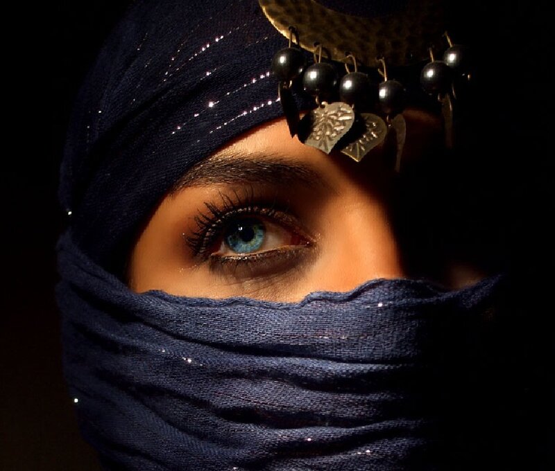 Woman with Blue Eyes — Dramatic, Night, Photograph, Headscarf