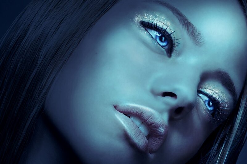 Woman with Blue Eyes — Dramatic, Night, Photograph, Makeup