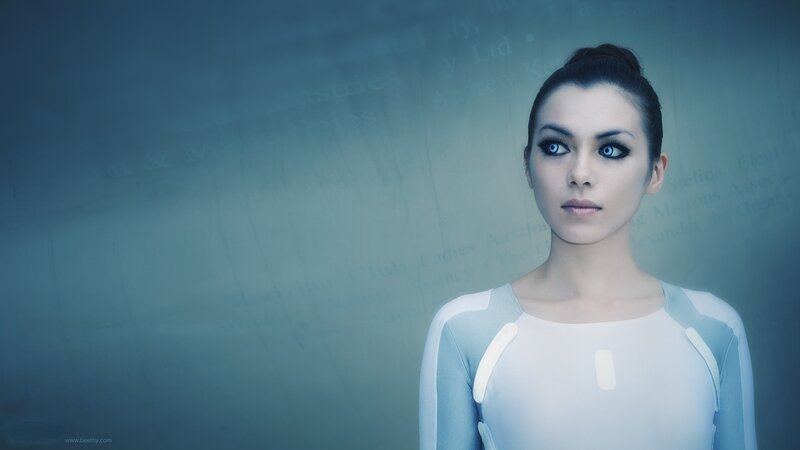 Woman with Blue Eyes — Dramatic, Photograph, Blue Eyes, White Suit