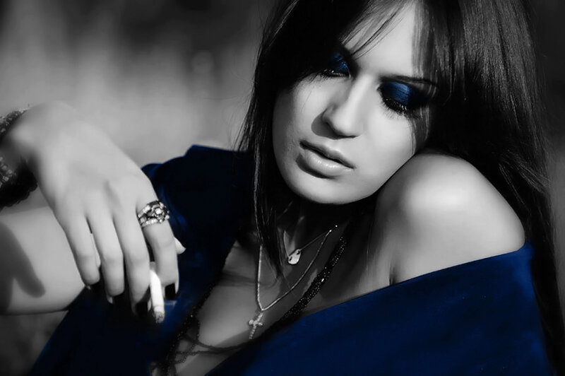 Woman with Blue Eyes — Dramatic, Photograph, Cigarette