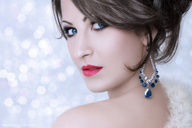 Woman with Blue Eyes — Dramatic, Photograph, Earrings, Fur Collar